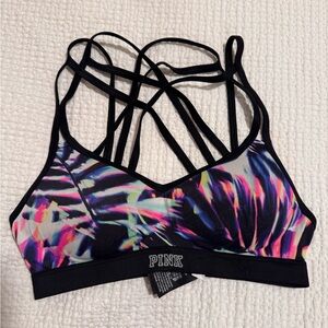 PINK Victoria's Secret Neon Palm Print Strappy Sports Bra - Black, Pink, Purple